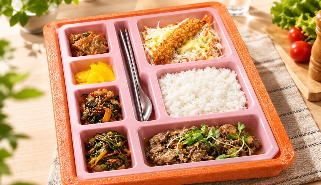 나무 식탁 위 주황 보온 용기에 담긴 도시락 한 판. 흰쌀밥, 불고기, 새우튀김 양배추 샐러드, 단무지와 나물·김치 반찬, 수저 (연출 이미지)